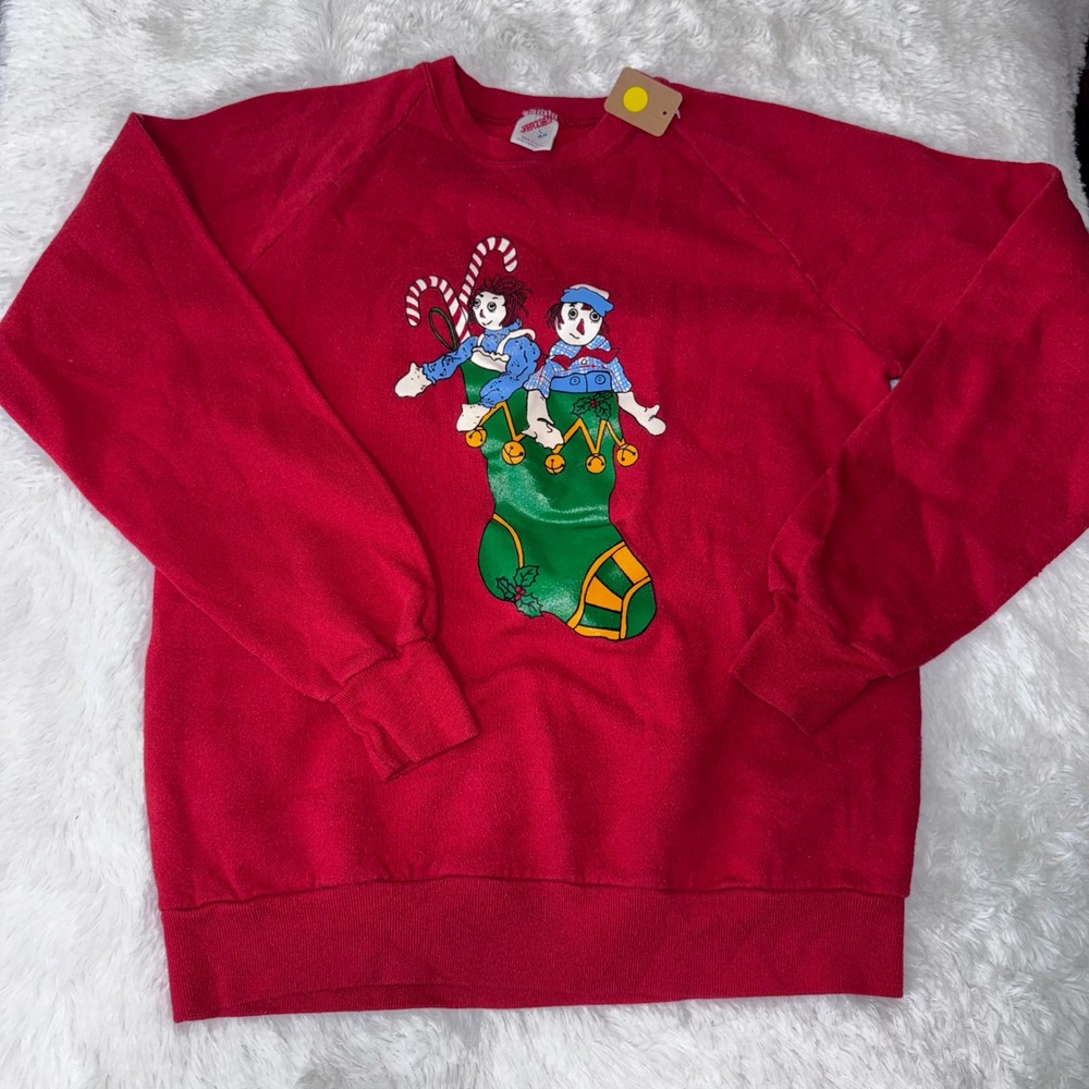 Vintage Christmas Stocking Sweatshirt Raglan Sleeve Two Dolls Raggedy Anne